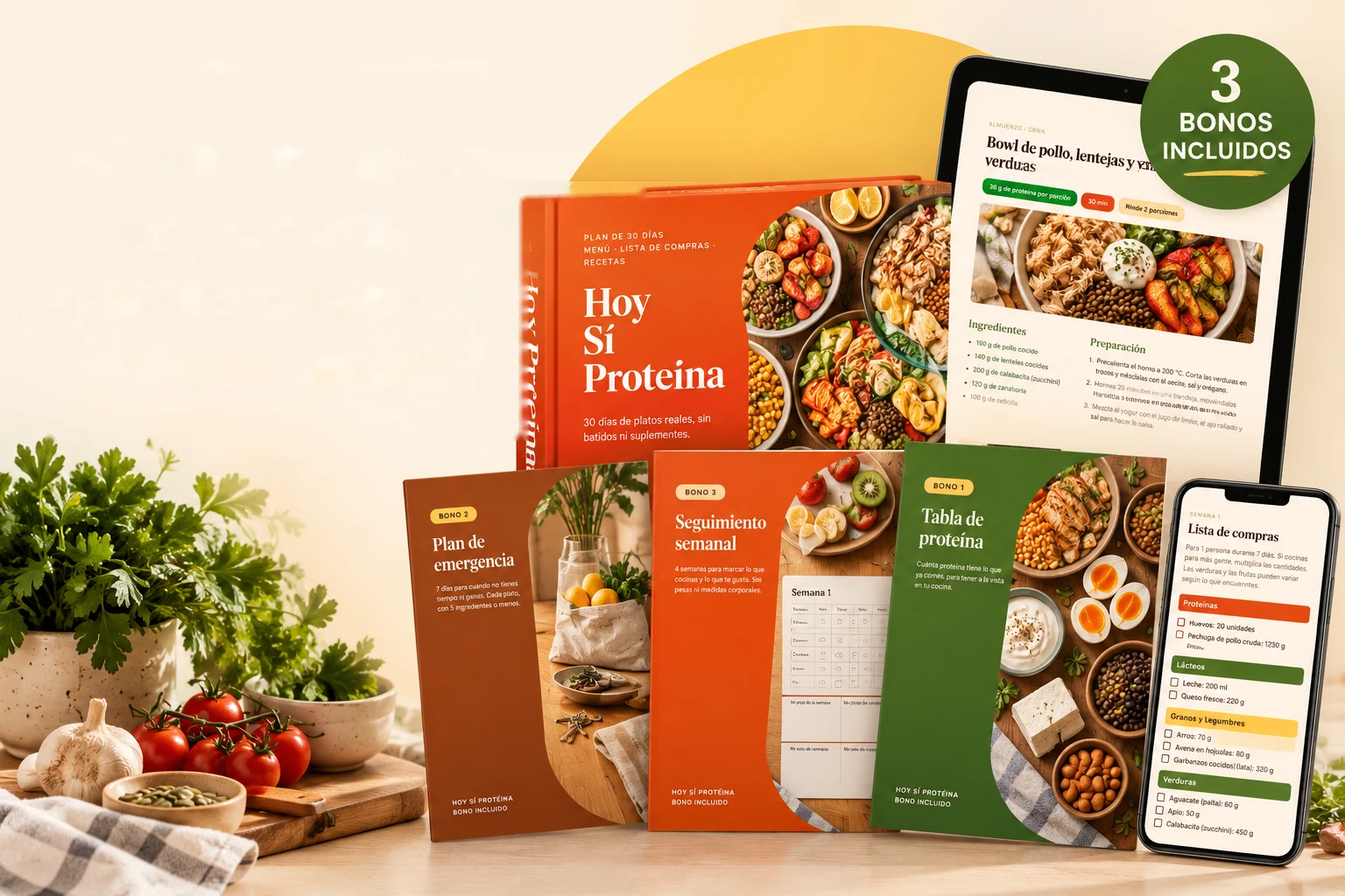 Hoy Sí Proteína: la caja del plan de 30 días, los 3 bonos impresos, una tablet con una receta y un celular con la lista de compras
