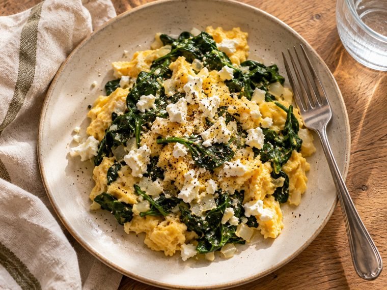 Revuelto de huevo con espinaca y queso fresco