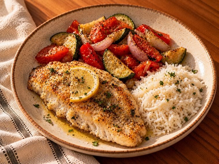 Pescado al horno con verduras y arroz