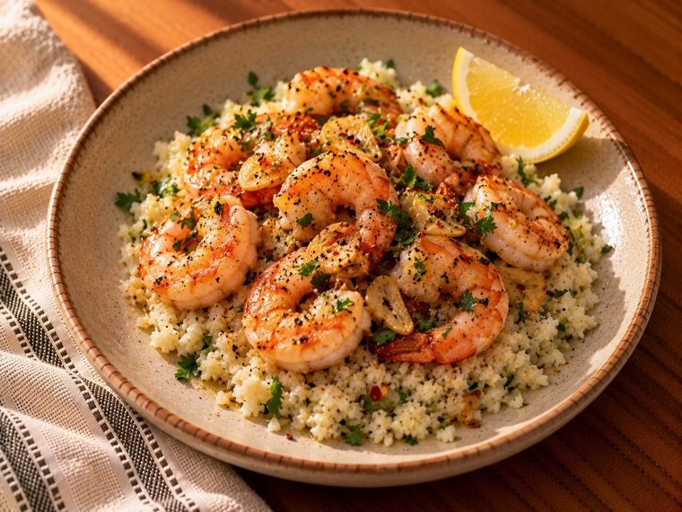 Camarones al ajillo con arroz de coliflor