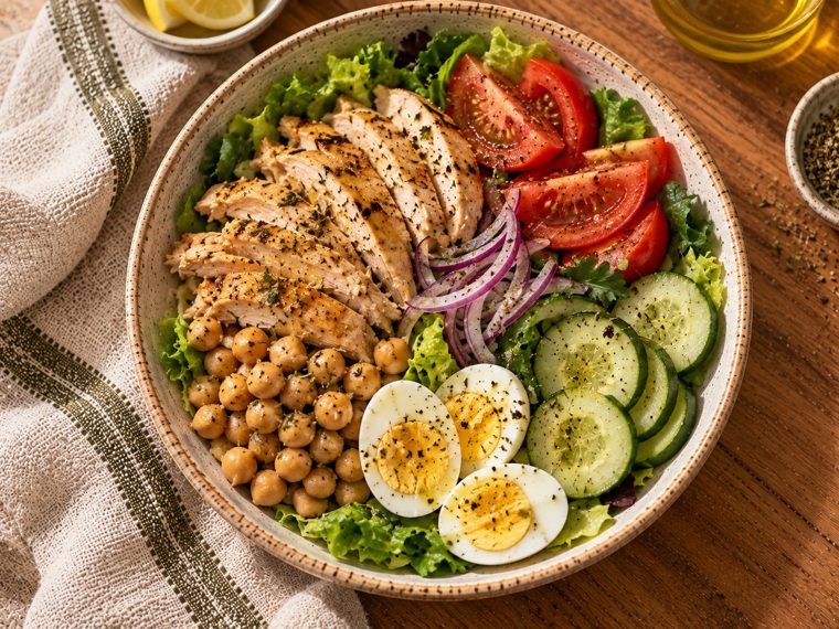 Ensalada tibia de pollo, garbanzos y huevo duro
